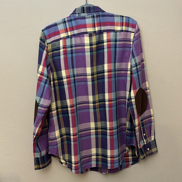 Ralph Lauren Women Botton down Plaid Suede Trim Cotton Twill long sleeve Shirt - Picture 2 of 7